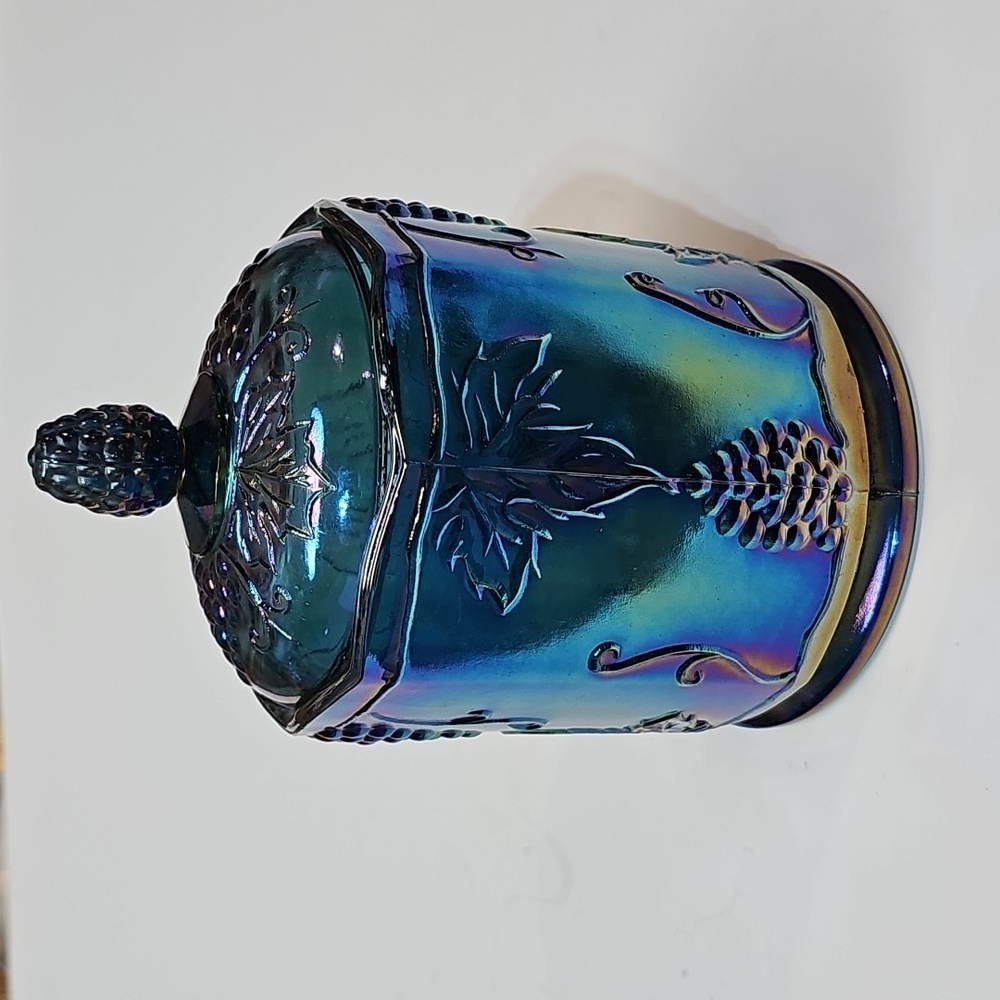 Vintage Indiana Glass Blue Carnival Glass "Harvest Grape" Jar Canister w/ Lid - Picture 3 of 16